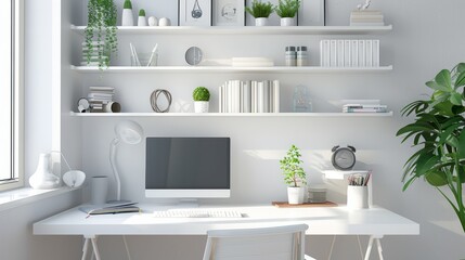 Home office working space. white shelf with accessories hyper realistic 