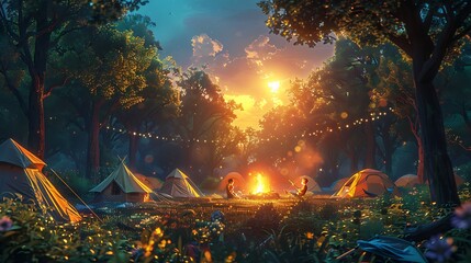 Relaxing Forest Scene: Sunlit Campfire Gathering Amidst Trees