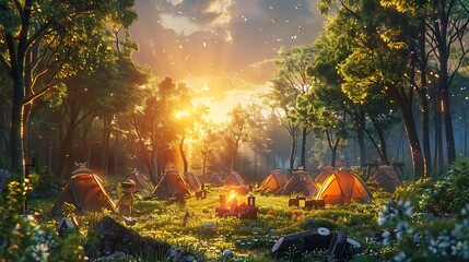 Serene Campfire Gathering: Sunset Atmosphere in Forest Setting