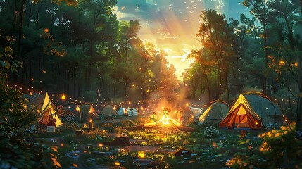 A group of tents are set up in a forest, with a fire burning in the center