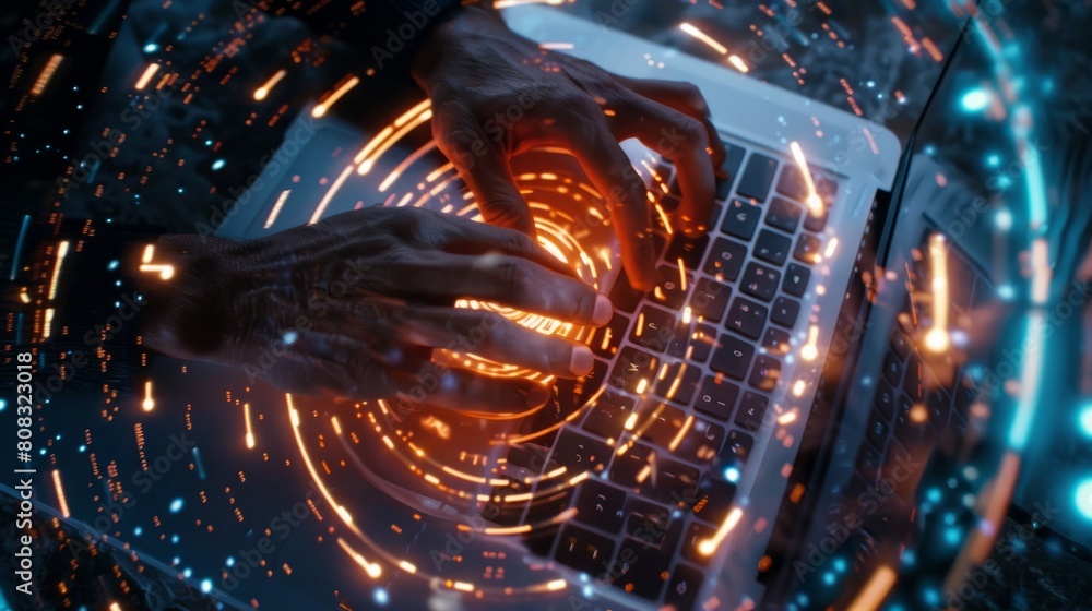 Poster man hands typing in laptop computer, human resourcse icons in glowing circle hyper realistic