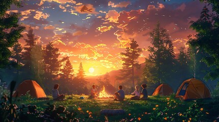 Intimate Forest Campfire Gathering with Group of Four People