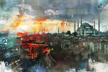 Landscape at the sunset of Istanbul, Turkey - mosque, bosphorus, Expressionism style