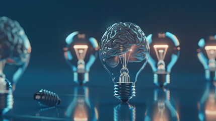 Brain lightbulbs on the blue background realistic