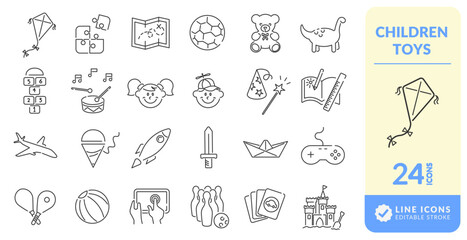Set of icons children's toys kids magic ball sword boat vision spinning top bowling hopscotch treasure hunt castle kite teddy bear dinosaur
Vector illustration.