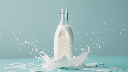 Minimalist Composition: Create a minimalist composition with a single bottle of milk surrounded by subtle milk splashes against a blue background. Generative AI - Powered by Adobe