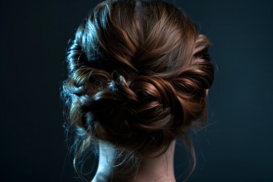Beautifully braided female hair back view on dark background