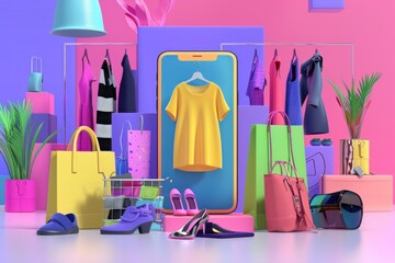 A colorful display of clothing and accessories, including a yellow shirt