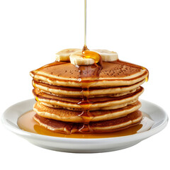 A stack of pancakes with a drizzle of syrup on top. The pancakes are piled high and look delicious