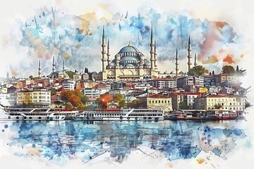 Artistic illustration of Istanbul with mosque, watercolor style