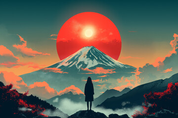 Silhouette of person watching sunset over Mount Fuji