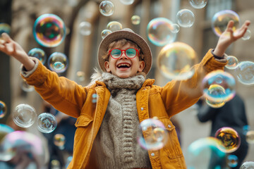 Joyful young boy playing with bubbles in a city setting