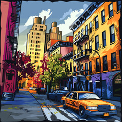 New York City street with yellow taxi and old buildings. Vector illustration.