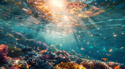 Sunlit underwater view with sparkling water surface. Deep sea ambiance concept. Generative AI hyper realistic 