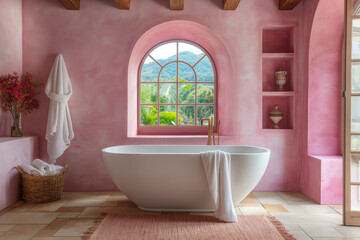 Elegant pink bathroom with freestanding tub and scenic view