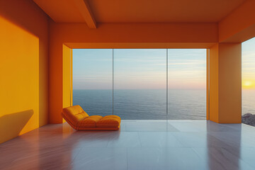 Sunset view from a modern lounge with large glass windows