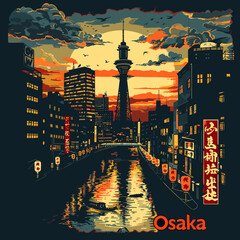 Fototapeta premium Osaka skyline at sunset, Japan. Vector illustration in retro style.