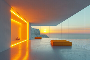 Modern coastal living room with stunning sunset view and vibrant decor