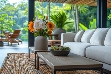 Elegant outdoor living space with vibrant floral arrangement
