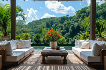 Luxurious tropical villa patio overlooking lush greenery