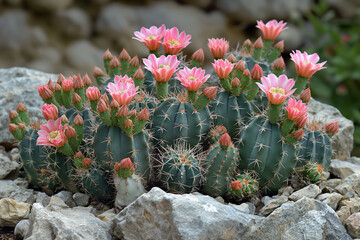 Vibrant pink cactus flowers blooming in a rocky desert garden