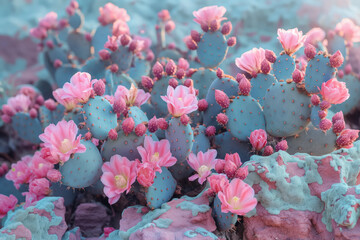 Blooming pink flowers on blue cactus in natural setting