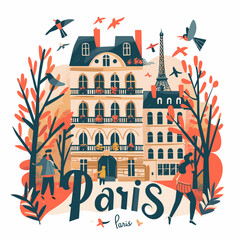 Paris hand drawn vector illustration with cute houses, birds and trees.