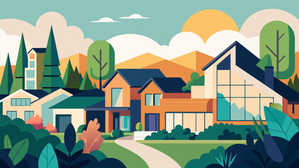 Residential homes are thoughtfully positioned and designed to take advantage of natural lighting and stunning views while also utilizing native. Vector illustration