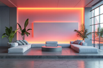 Stylish modern living room with lush green plants and vibrant lighting