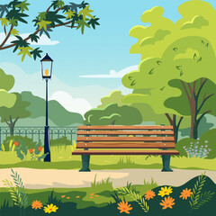 Bench in summer public garden. City park with green trees, grass, wooden bench and lantern. Vector illustration cartoon landscape with empty park