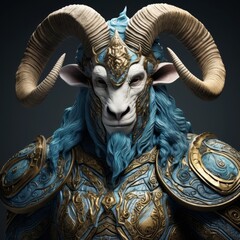 Mythical creature with horns and ornate armor