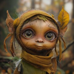 A wonderful little forest elf with big eyes. Fairy tale characters generated by AI. High quality image, picture for printing in printing for children.