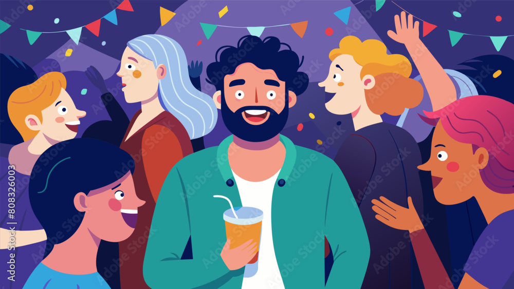 Poster a crowded party where a previously withdrawn and anxious individual is now mingling and laughing aft