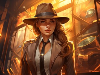 mysterious female detective in trenchcoat and hat - obrazy, fototapety, plakaty