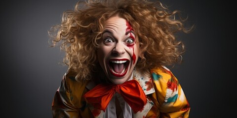 Creepy clown with wild hair and bloody face