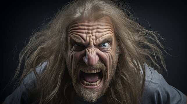 Angry old man with wild hair and beard