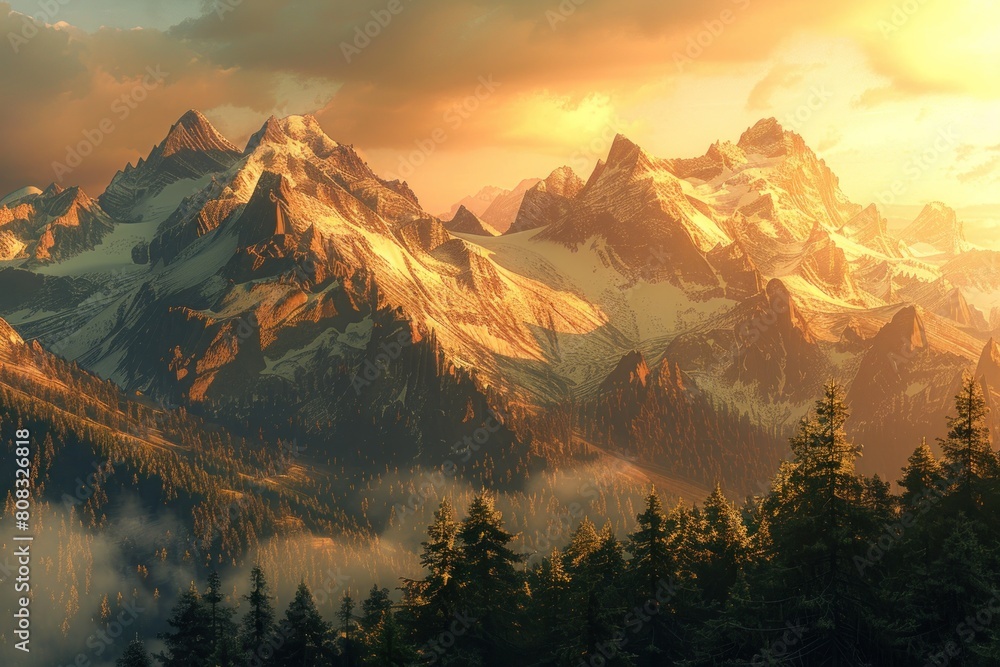 Poster a mountain range with snow on the peaks and trees in the foreground