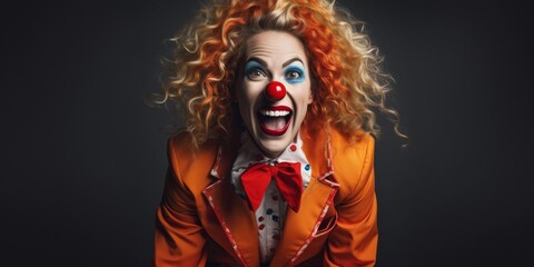 Excited clown with curly red hair and bright makeup