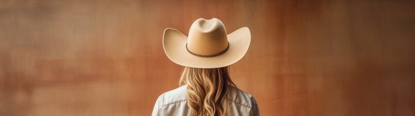 woman wearing cowboy hat in front of wooden wall
