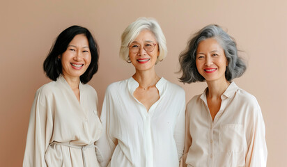Portrait of beautiful happy senior asian women together, chinese girlfriends on brown background