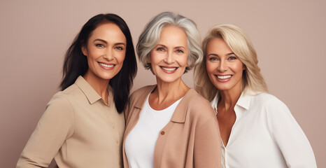 Beautiful happy smiling mature women together, three cheerful girlfriends with toothy smiles