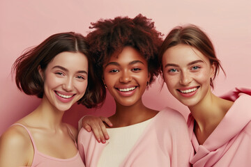 Portrait of happy smiling multiethnic young women together, three diverse cheerful girlfriends