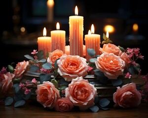 Candles and roses on a wooden table in a dark room.