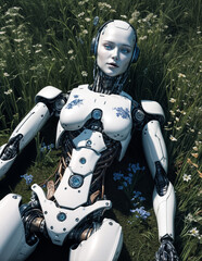 robot woman lies in a field of grass and flowers. She has no lower torso and her arms are crossed in front of her. She has a blank expression on her face and is gazing off to the side.