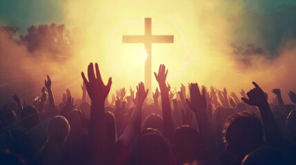Christian worshipers raising hands up in the air in front of the cross hyper realistic 