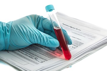 test tube in hand with glove, blood research, doping test, laboratory analysis wallpaper, medicine health banner, world donor day