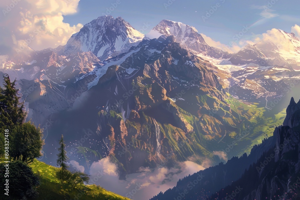 Poster a mountain range with snow on the peaks and a few trees in the foreground
