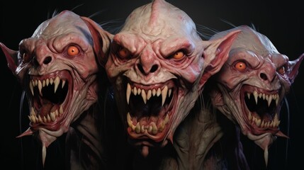Creepy fantasy monster faces with glowing eyes and sharp teeth