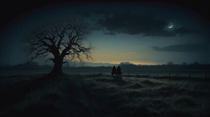 Naklejka na ściany i meble couple walking in the woods at night