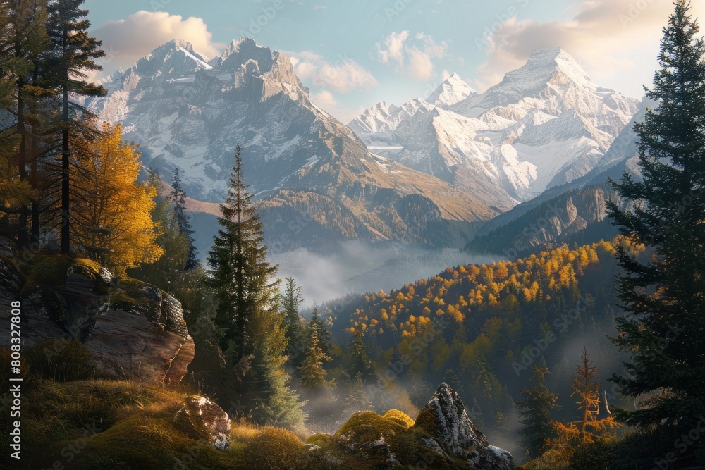 Poster a mountain range with snow and trees in the foreground. the mountains are covered in snow and the tr